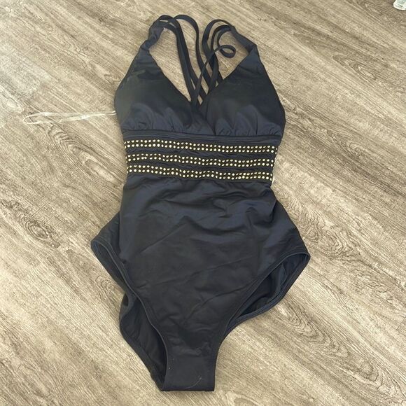 La Blanca Black Stud Band Gold One Piece Swimsuit . NEW - Picture 1 of 4